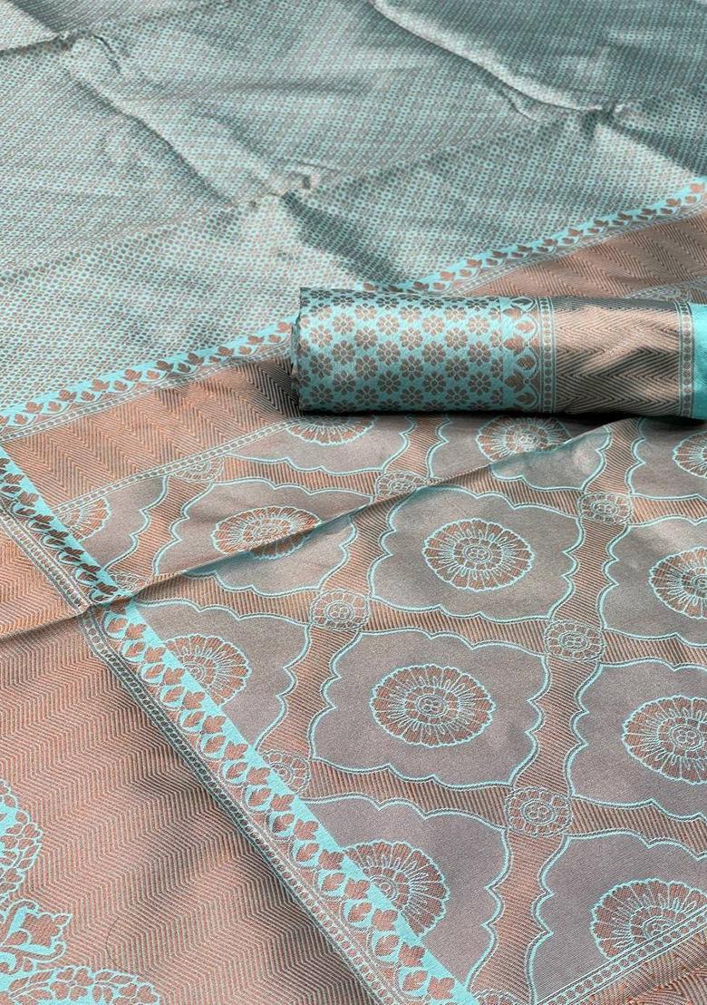 Sky Blue Embroidered Silk Saree Set