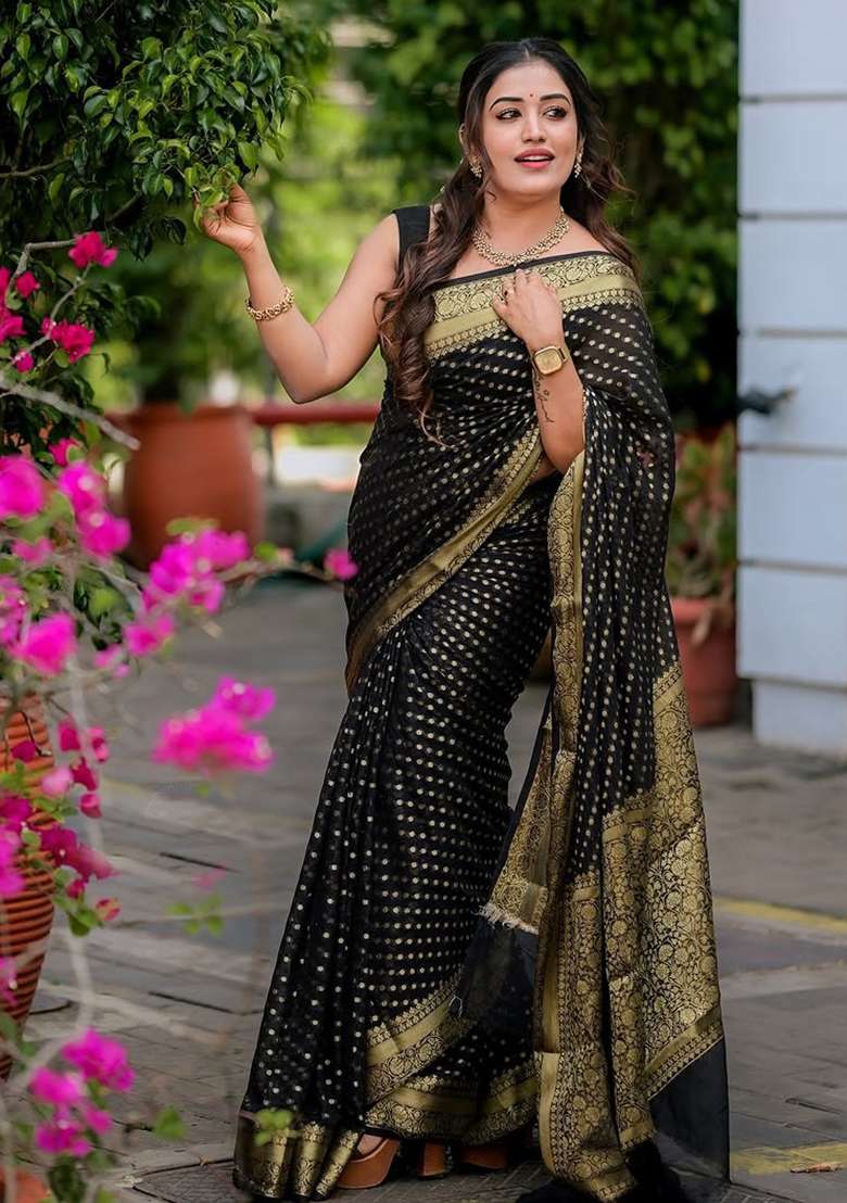 Black Embroidered Silk Blend Saree Set for Diwali and Festive Wear - Indya