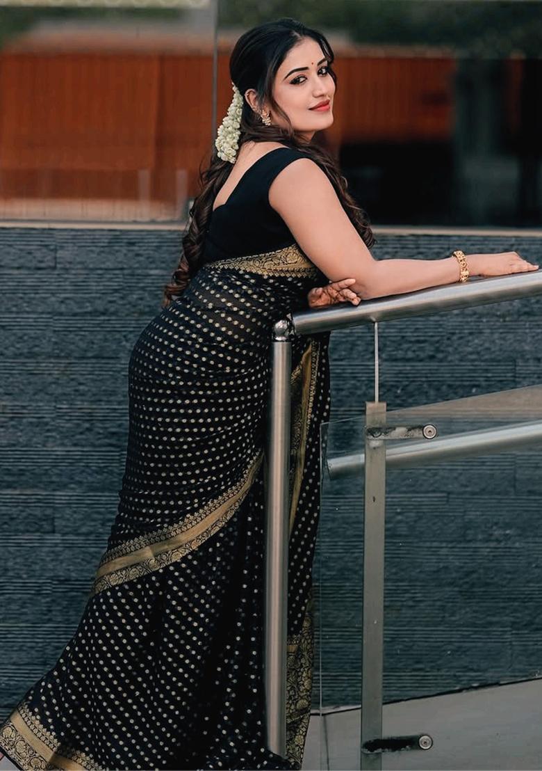 Black Embroidered Silk Saree Set