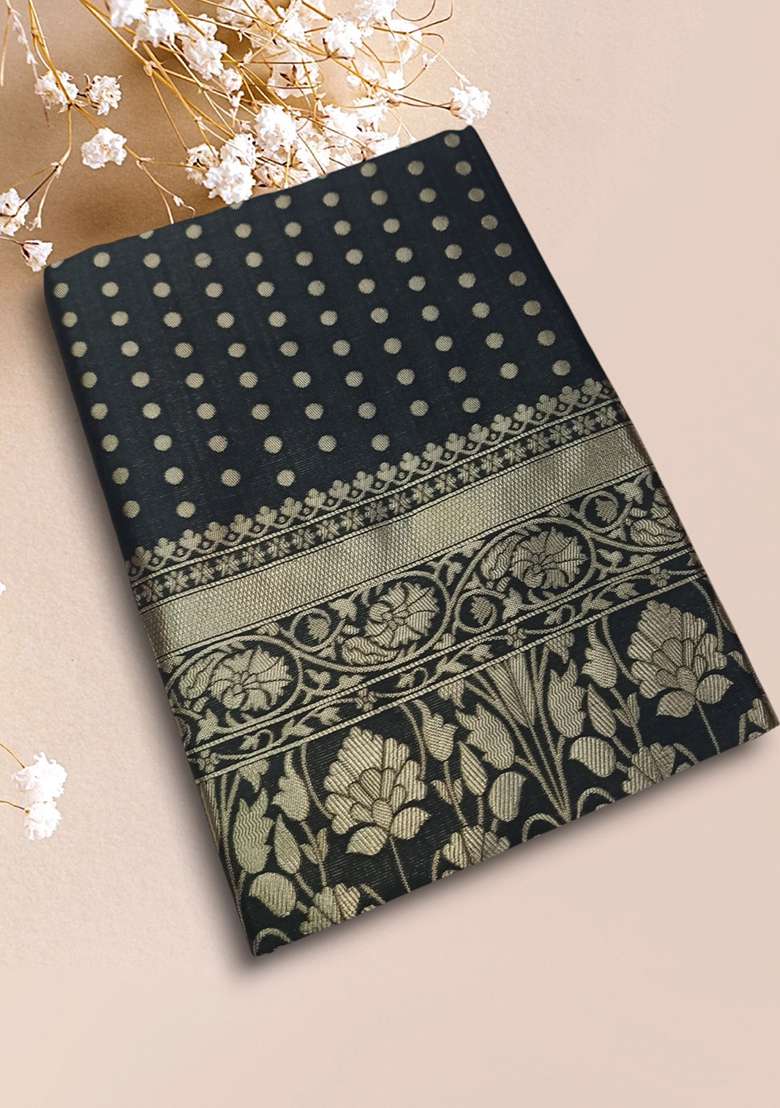 Black Embroidered Silk Blend Saree Set for Diwali and Festive Wear - Indya