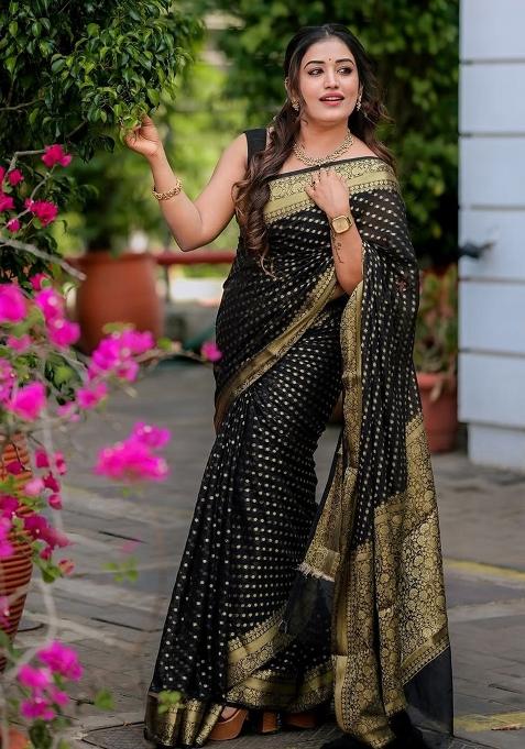 Black Embroidered Silk Saree Set