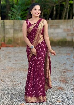 Wine Embroidered Silk Saree Set