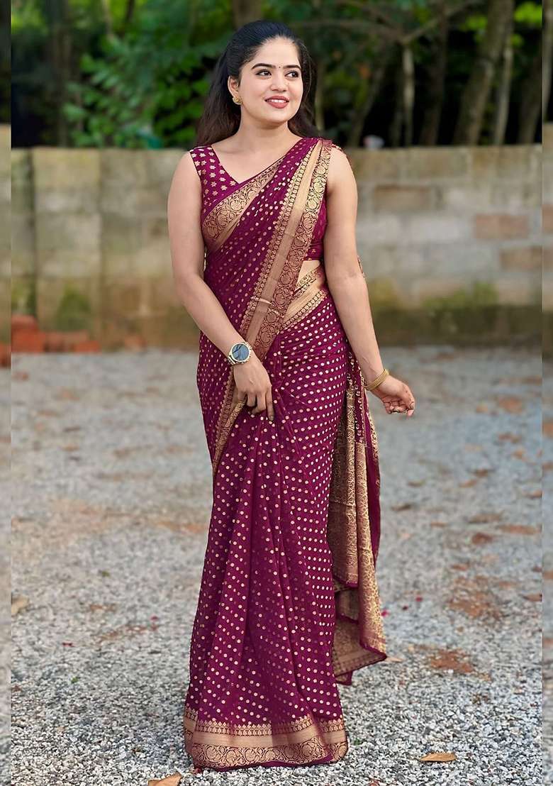 Wine Embroidered Silk Blend Saree Set for Diwali and Festive Wear - Indya