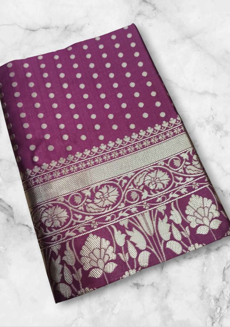 Wine Embroidered Silk Blend Saree Set for Diwali and Festive Wear - Indya