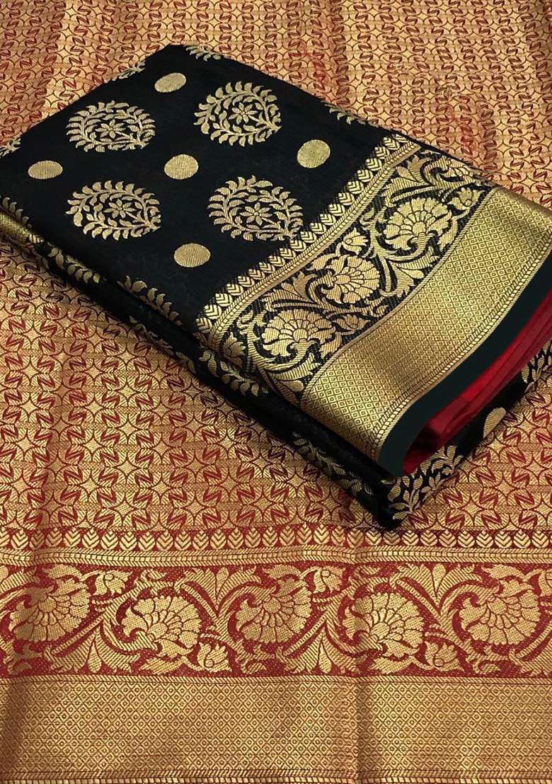 Black Embroidered Silk Blend Saree Set for Diwali and Festive Wear - Indya