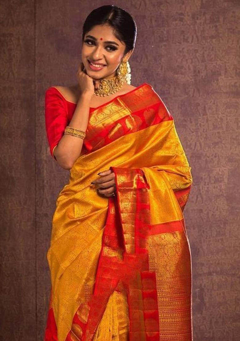 Mustard Yellow Embroidered Silk Saree Set