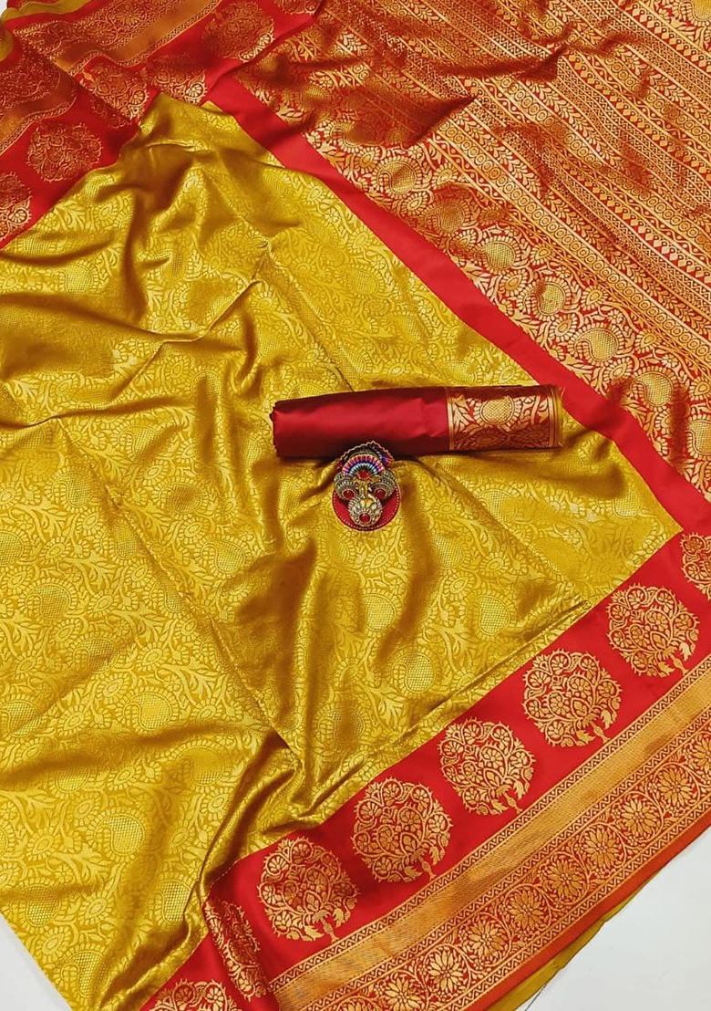 Mustard Yellow Embroidered Silk Saree Set