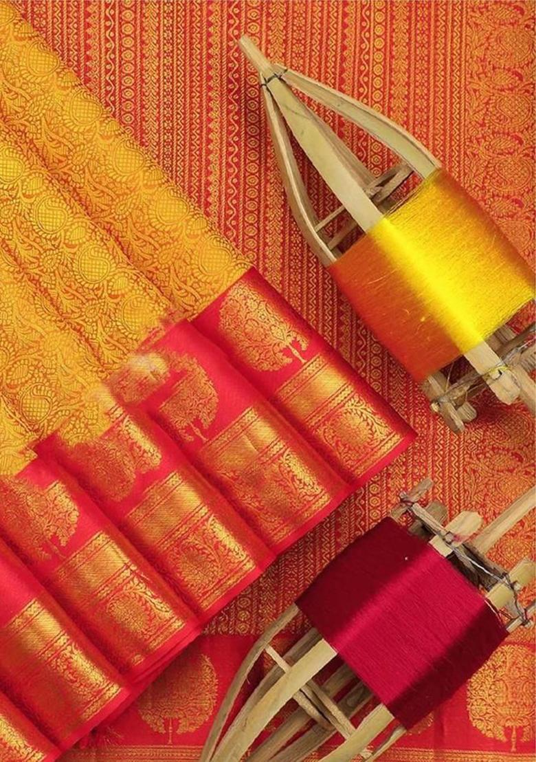 Mustard Yellow Embroidered Silk Saree Set