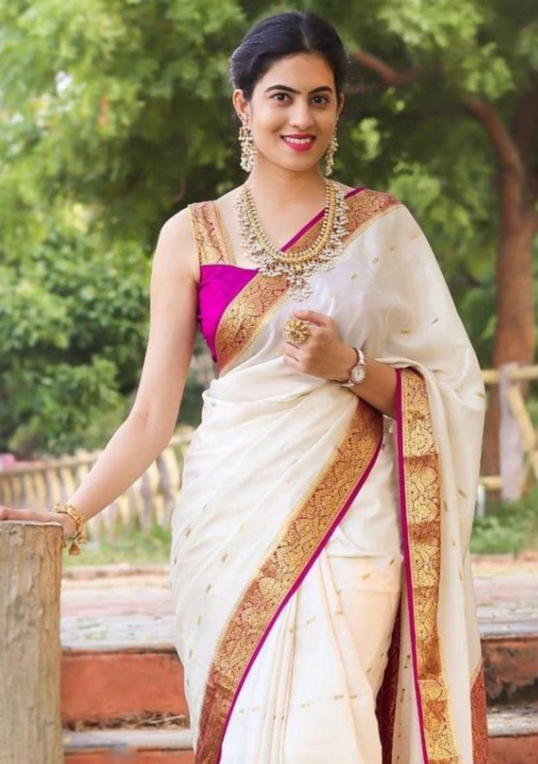 Off White Embroidered Silk Saree Set