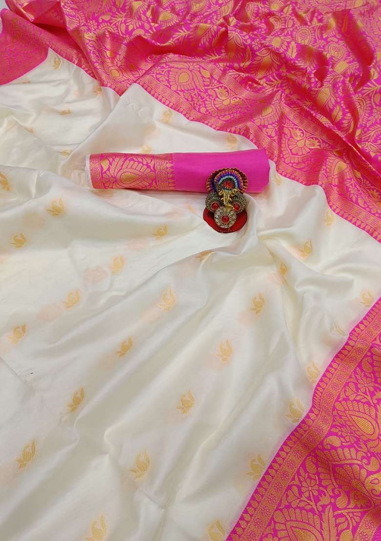 Off White Embroidered Silk Blend Saree Set for Diwali and Festive Wear - Indya