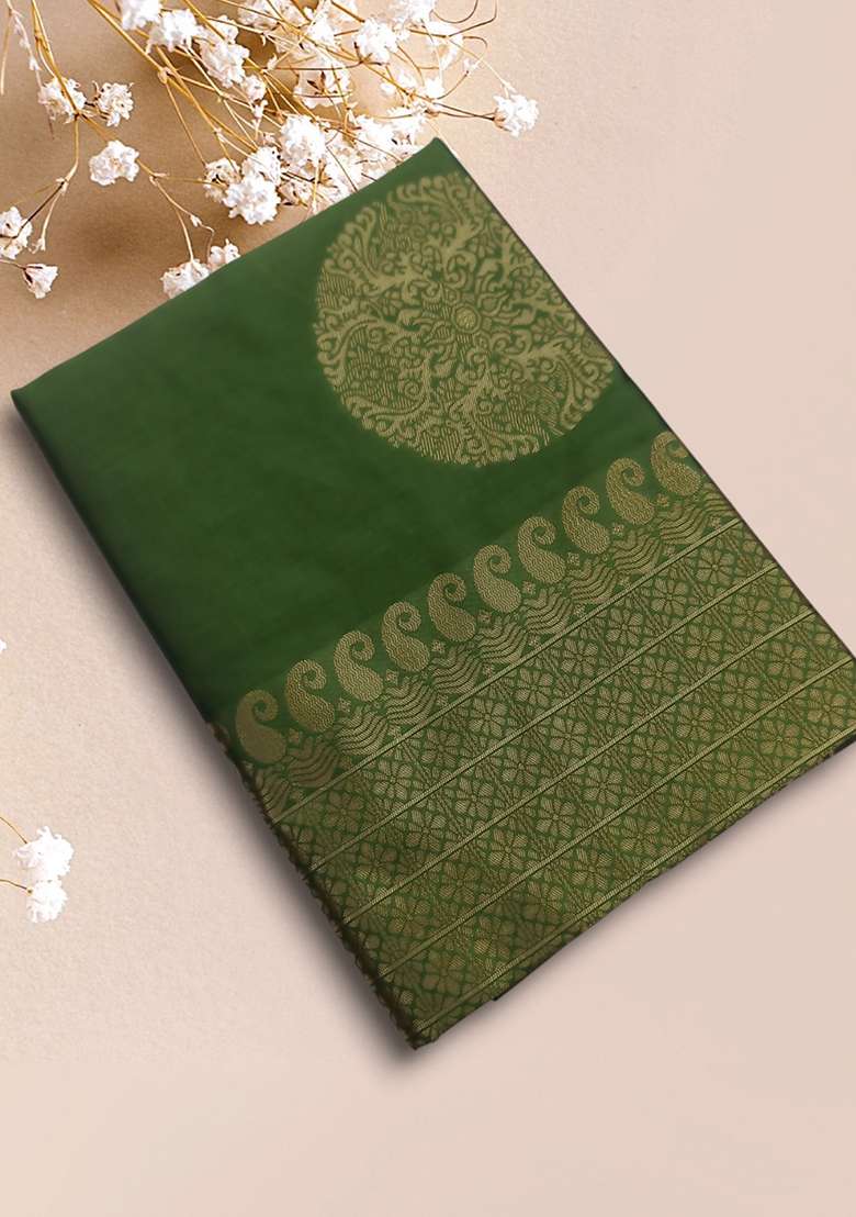 Green Silk Blend Saree Set with Embroidered for Diwali | Wedding & Festive Wear - Indya