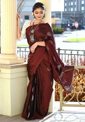 Maroon Embroidered Silk Saree Set