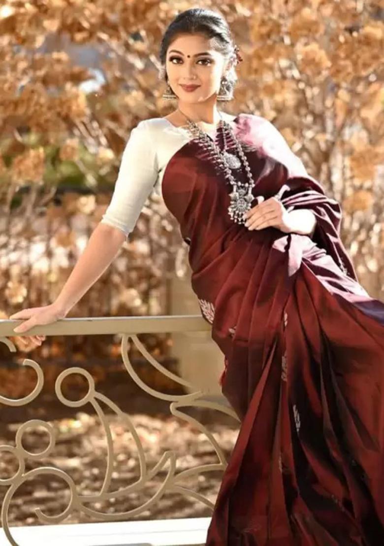 Maroon Embroidered Silk Saree Set