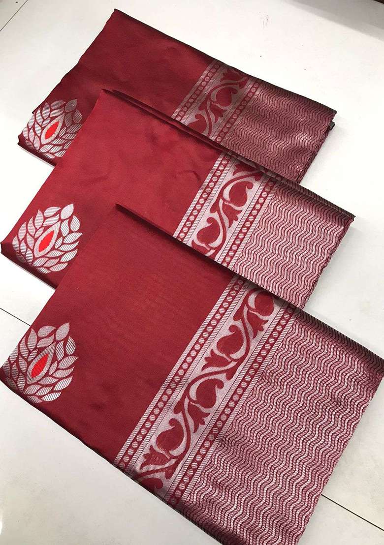 Maroon Embroidered Silk Blend Saree Set for Diwali and Festive Wear - Indya