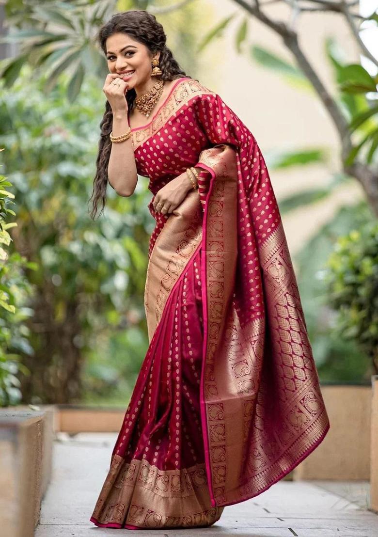 Maroon Embroidered Silk Saree Set