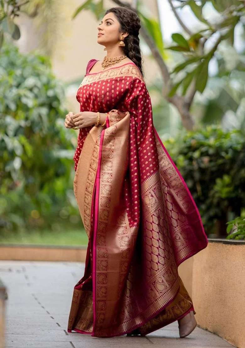 Maroon Silk Blend Saree Set with Embroidered for Diwali | Wedding & Festive Wear - Indya