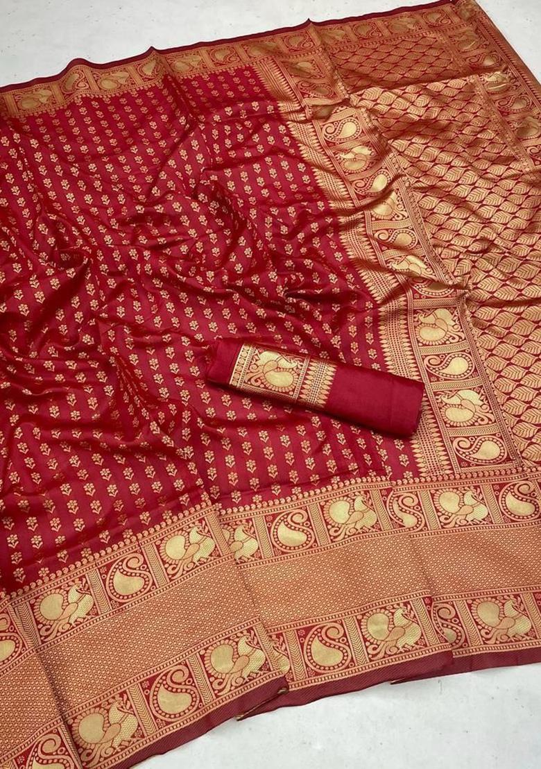 Maroon Embroidered Silk Saree Set