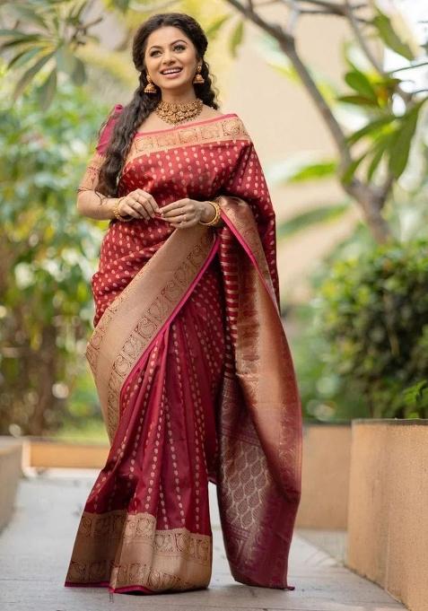 Maroon Embroidered Silk Saree Set