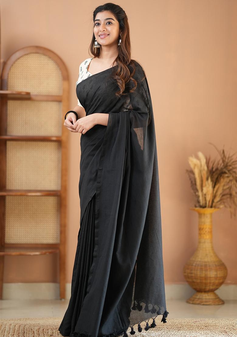 Black Embroidered Cotton And Acrylic Saree Set - Indya
