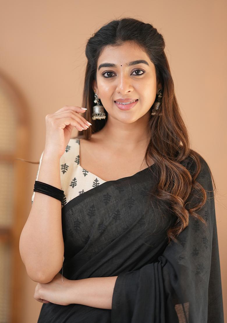 Black Embroidered Cotton And Acrylic Saree Set