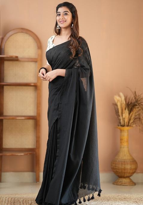 Black Embroidered Cotton And Acrylic Saree Set