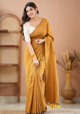 Mustard Yellow Embroidered Cotton And Acrylic Saree Set