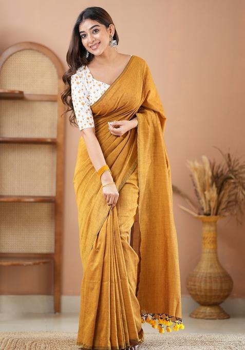 Mustard Yellow Embroidered Cotton And Acrylic Saree Set