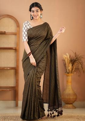 Brown Embroidered Cotton And Acrylic Saree Set