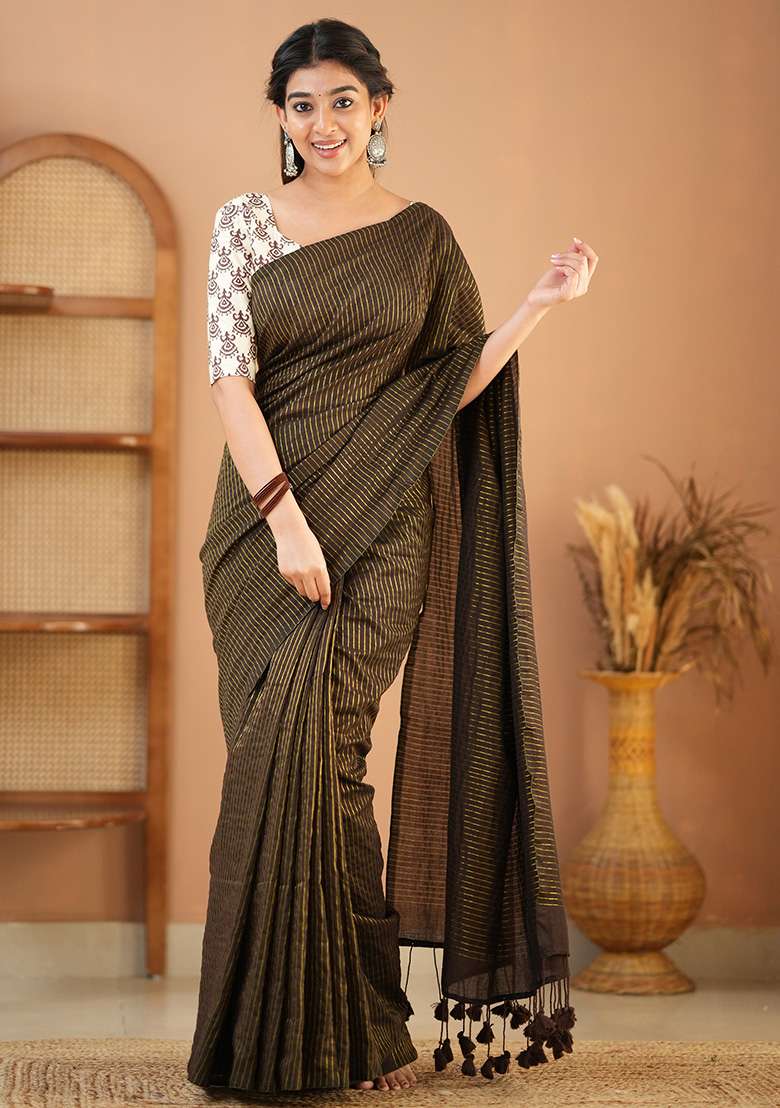 Brown Embroidered Cotton And Acrylic Saree Set - Indya