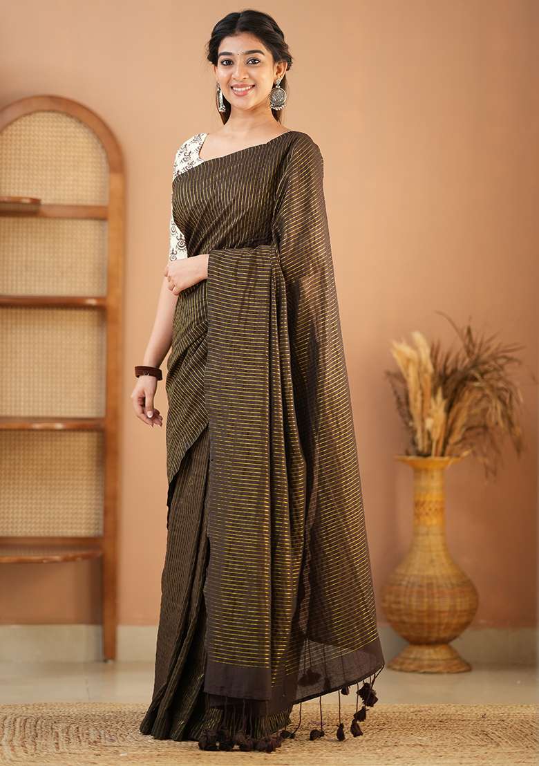 Brown Embroidered Cotton And Acrylic Saree Set - Indya