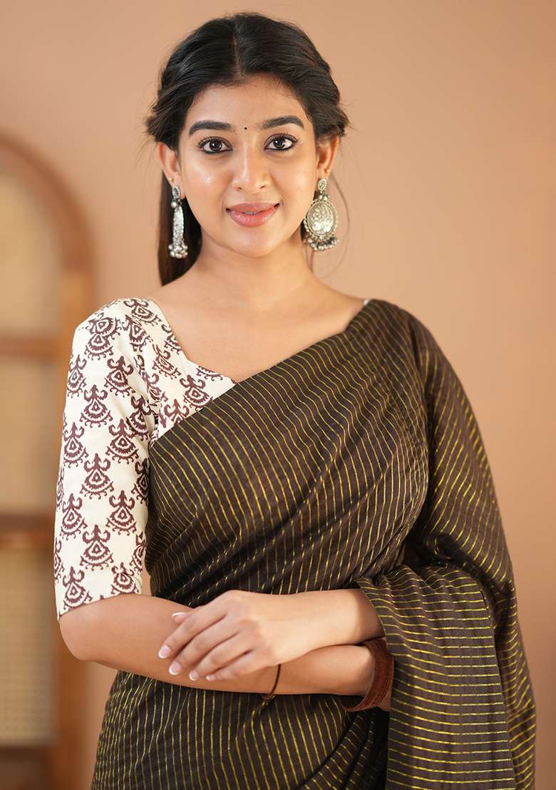 Brown Embroidered Cotton And Acrylic Saree Set - Indya