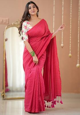 Pink Embroidered Cotton And Acrylic Saree Set