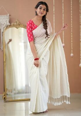White Embroidered Cotton And Acrylic Saree Set