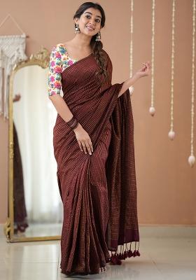 Wine Embroidered Cotton And Acrylic Saree Set