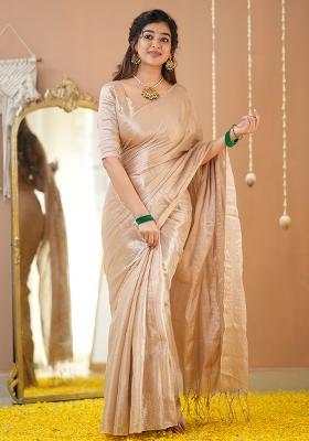 Beige Embroidered Raga Tissue Saree Set
