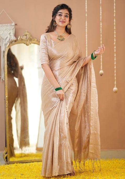 Beige Embroidered Raga Tissue Saree Set