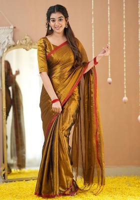 Gold Embroidered Raga Tissue Saree Set