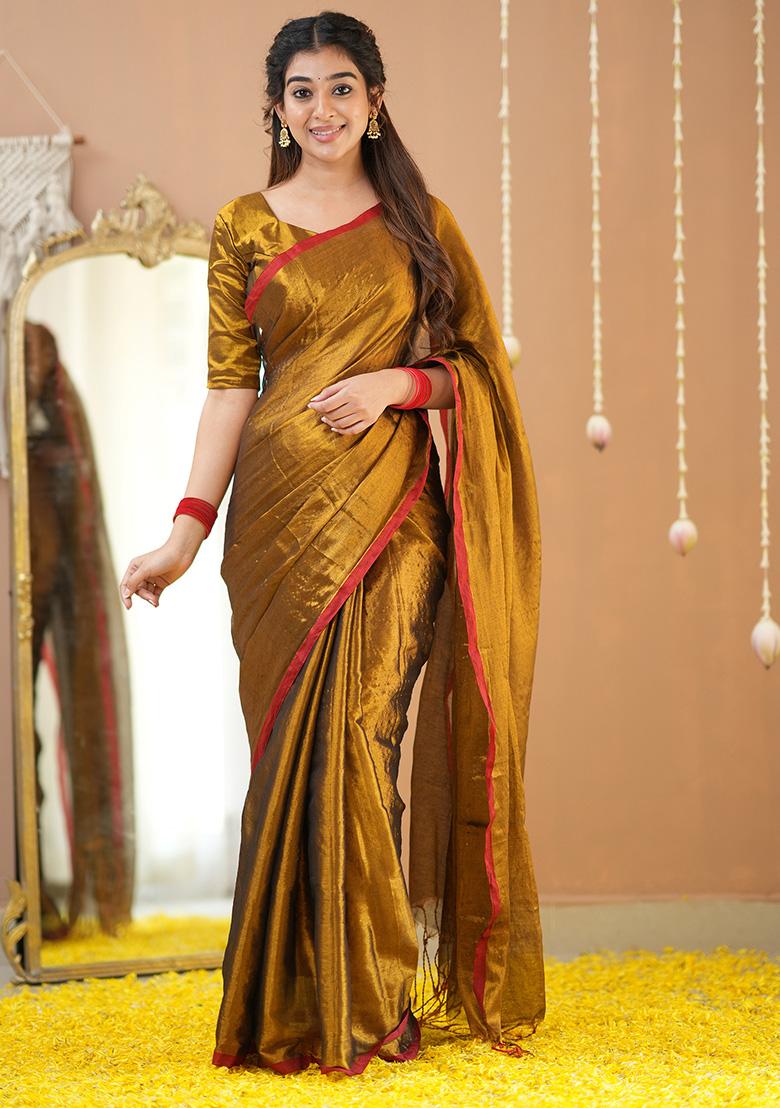 Gold Embroidered Raga Tissue Saree Set - Indya