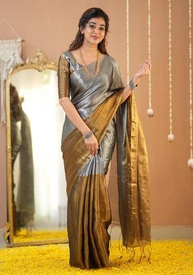 Gold And Silver Embroidered Tissue Cotton Saree Set