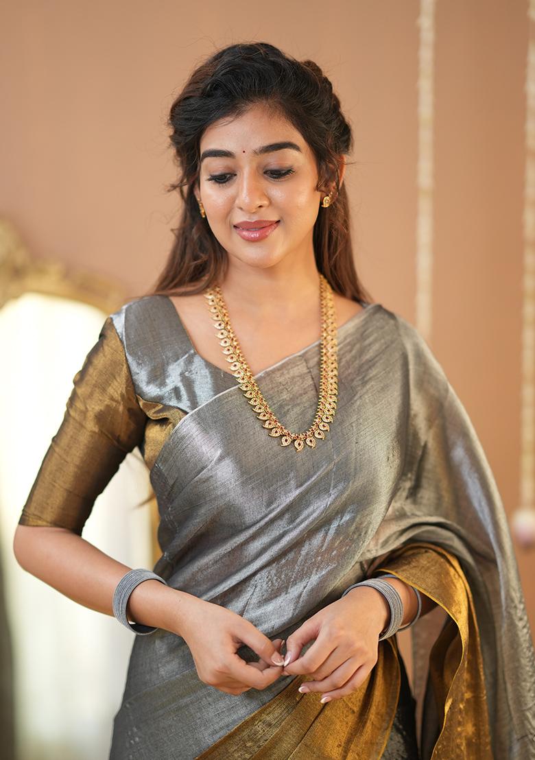 Gold And Silver Embroidered Tissue Cotton Saree Set