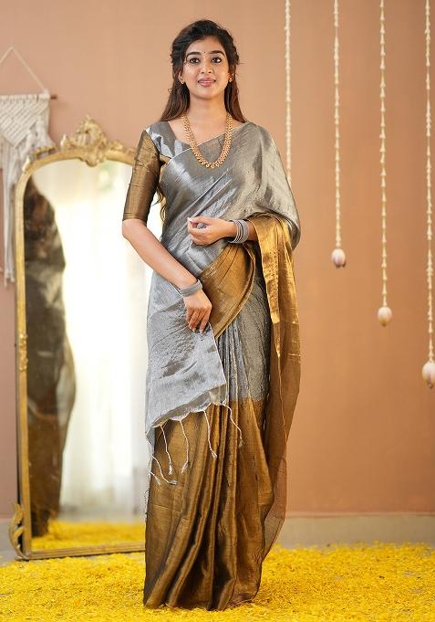 Gold And Silver Embroidered Tissue Cotton Saree Set