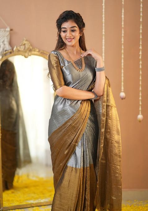 Gold And Silver Embroidered Tissue Cotton Saree Set