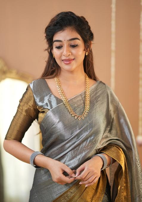 Gold And Silver Embroidered Tissue Cotton Saree Set