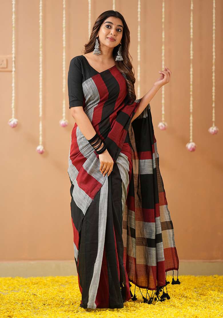 Black Embroidered Handloom Cotton Saree Set - Indya