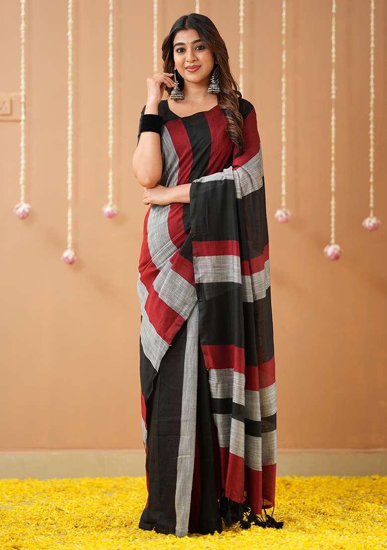 Black Embroidered Handloom Cotton Saree Set - Indya