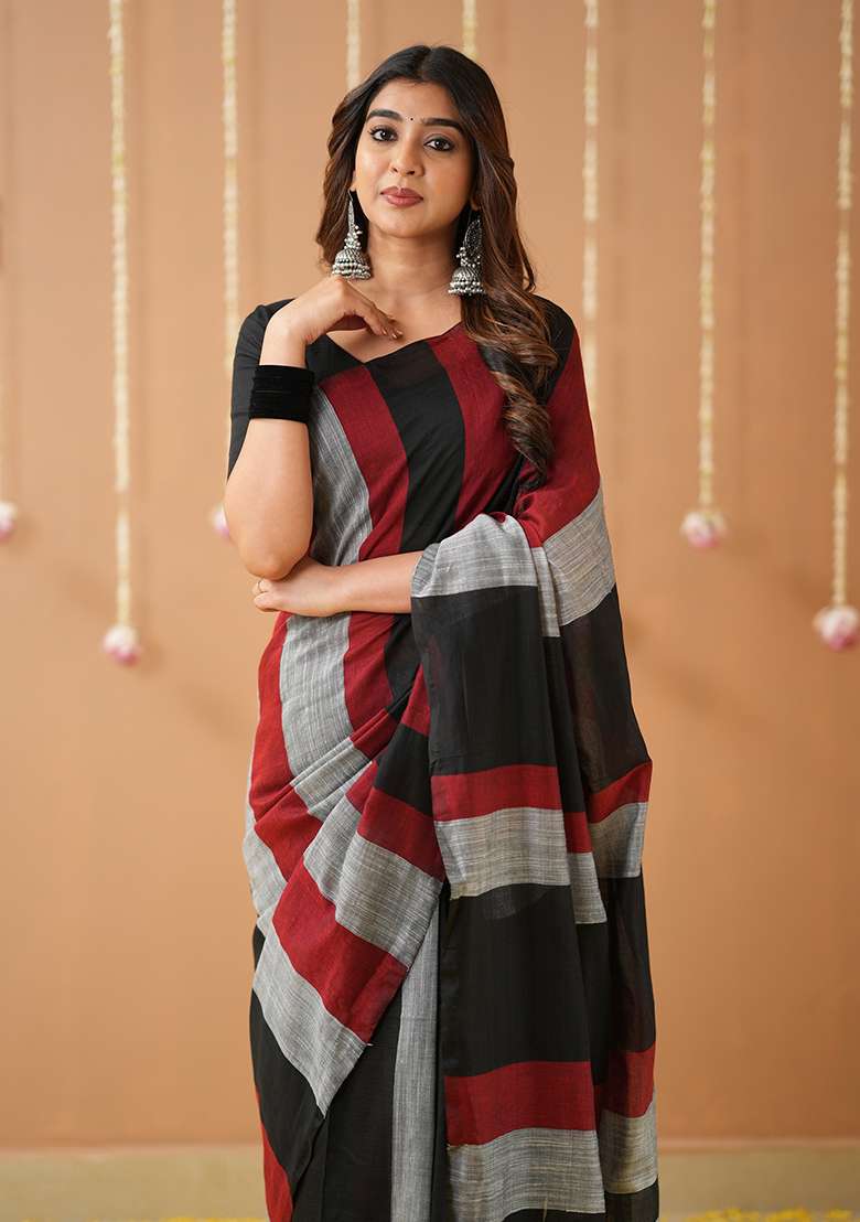 Black Embroidered Handloom Cotton Saree Set - Indya