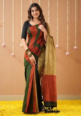 Green Embroidered Handloom Cotton Saree Set