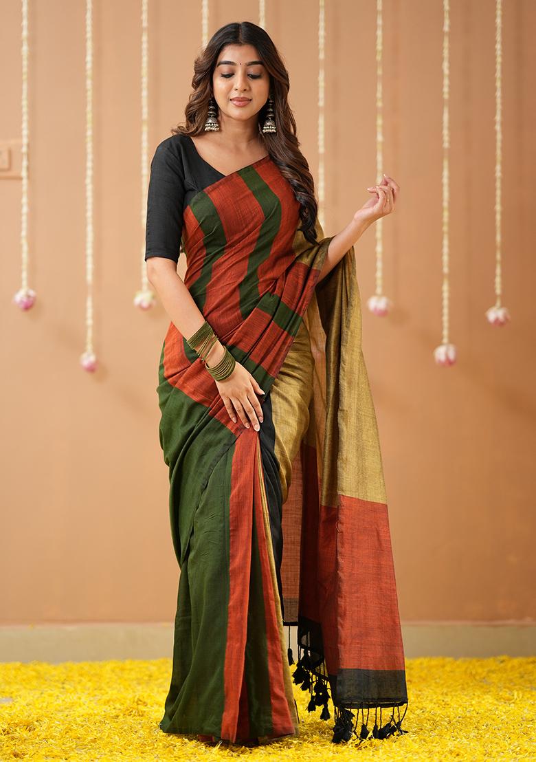 Green Embroidered Handloom Cotton Saree Set