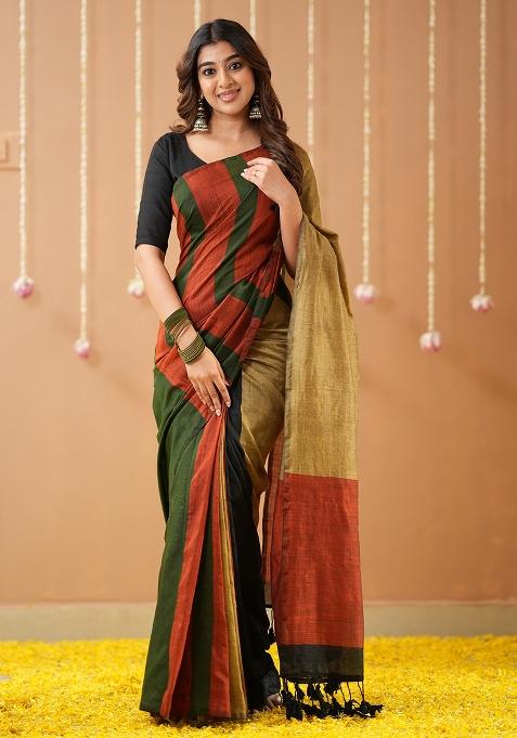 Green Embroidered Handloom Cotton Saree Set