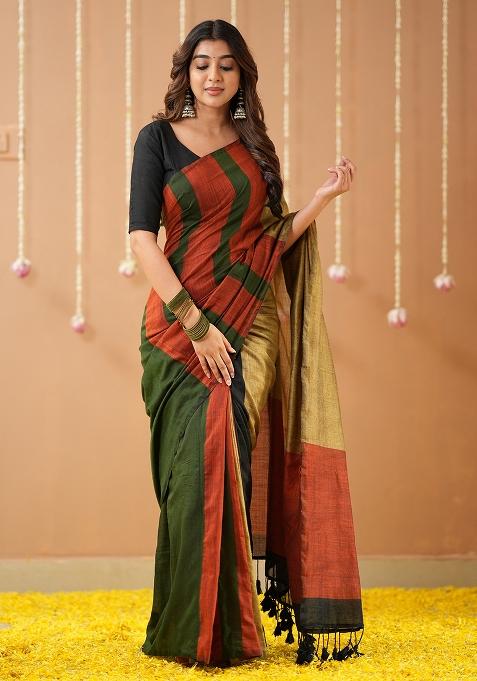 Green Embroidered Handloom Cotton Saree Set